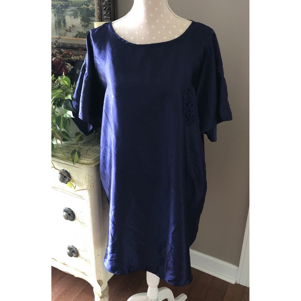 Vtg California Miss Sleep Shirt Nightgown Satin Navy Blue USA Women's XL